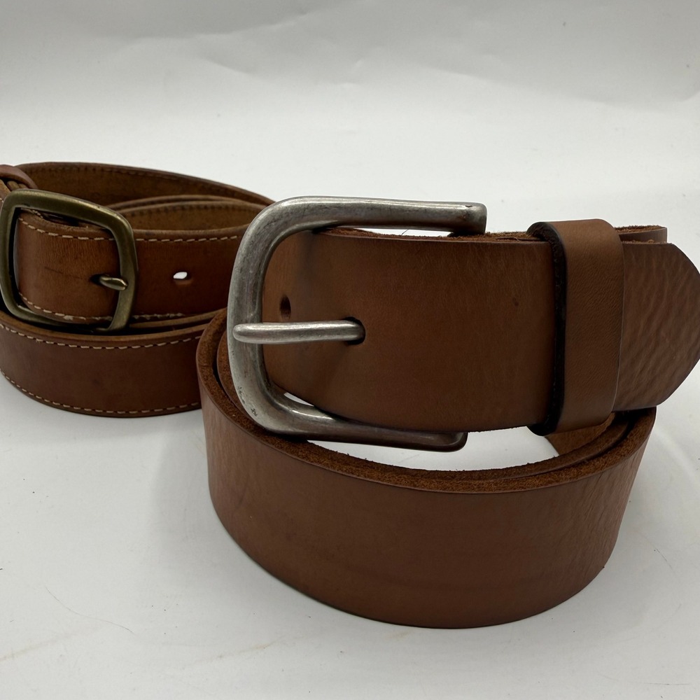J. Crew Leather Belt Bundle Size 40 Brown Tan Contrast Stitch Classic Aesthetic